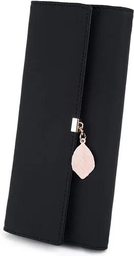 Vista 75 de UTO - Cartera pequeña RFID de piel sintética con dije de hoja, cierre de cremallera y tarjetero.