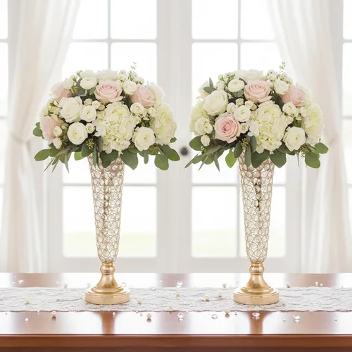 Vista 2 de Floreros de cristal dorado LoveCat: jarrones de metal de 20 pulgadas de alto para mesas Elegant Metal Floral Stands, Crystal Gold Vases for