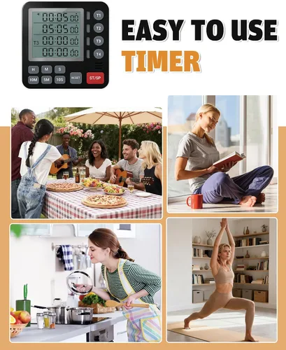 Vista 7 de TPNEG Temporizador digital de cocina – Temporizador de cocina de 4 canales con alarma, parte trasera magnética, modos ruidosos y silenciosos, cuenta