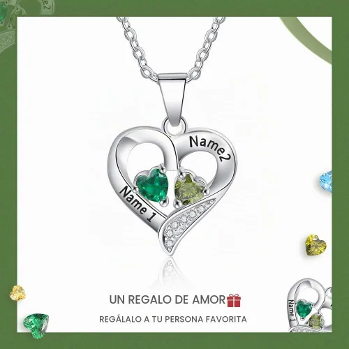 Vista 6 de Love Jewelry - Collar de Plata de Ley Personalizado con 2 Nombres y 2 Corazones de Piedra de Nacimiento Simulada para Pareja, Colgante para Mujer