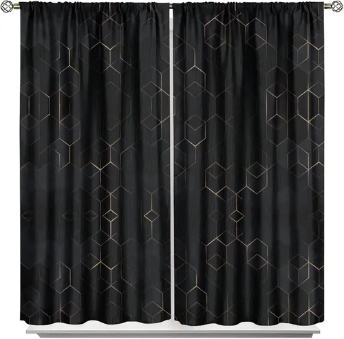 Vista 111 de Cortinas Negras con Dobladillo Dorado, Cortinas Opacas con Bolsillo para Barra con Estampado de Rayas de Foil en Onda Dorada para Decoración de Negro