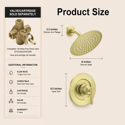 Vista 6 de Compatible con el kit de molduras de ducha de válvula Posi-Temp de Moen, repuesto para grifo de ducha de válvulas 2510, 2520, 2570, 2590, oro Oro