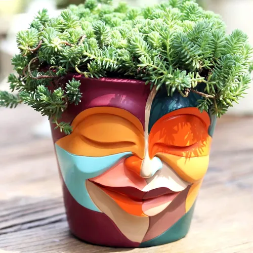 Vista 11 de GUGUGO Macetas únicas de cara para plantas, coloridas y lindas macetas para suculentas con drenaje, macetas abstractas de cabeza de arco iris