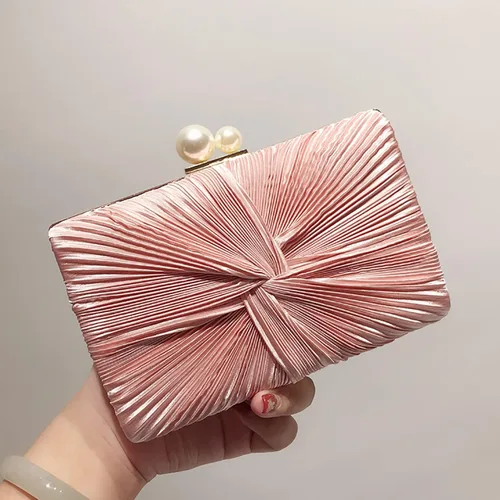 Vista 4 de RAN Bolso de satén con cierre de perlas sintéticas, bolso de banquete para mujer con cadena cruzada (color rosa)
