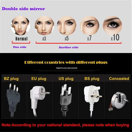 Vista 2 de Espejo de maquillaje con luz LED y aumento, espejo de afeitado de doble cara para baño, espejo extensible de tocador con enchufe, latón, 3X