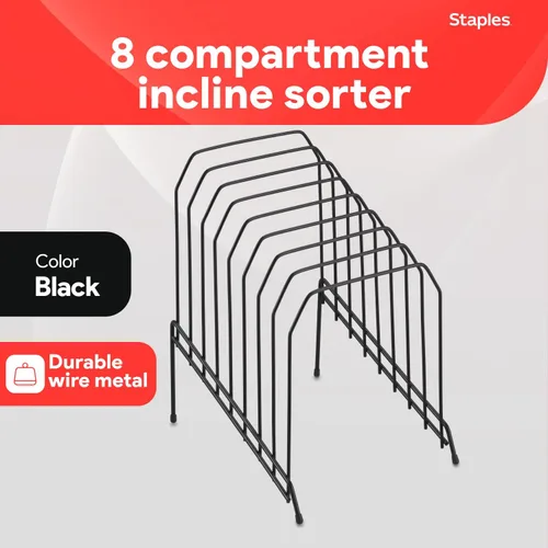 Vista 2 de STAPLES Organizador de archivos de escritorio con inclinación de metal, 8 compartimentos, diseño escalonado, negro, almacenamiento de papel