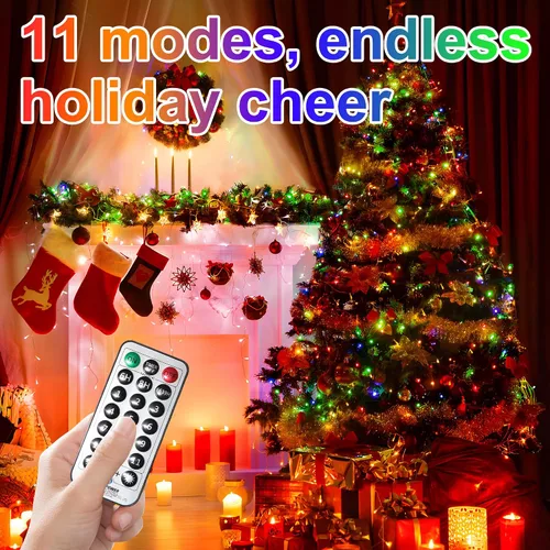 Vista 8 de Luces de Navidad que cambian de color, 98 pies, luces de Navidad para exteriores, 11 modos, impermeables, enchufables, luces parpadeantes