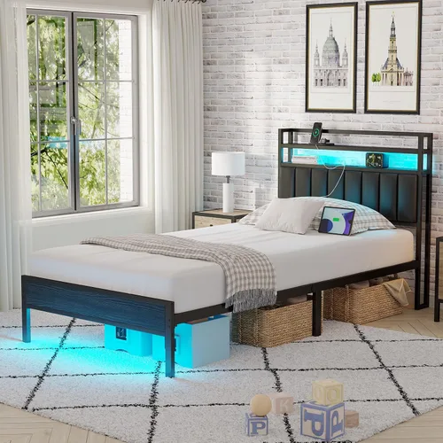 Vista 5 de Marco de cama tamaño twin con estación de carga y luces LED, marco de cama de metal con cabecero, cabecera tapizada negra con estantes
