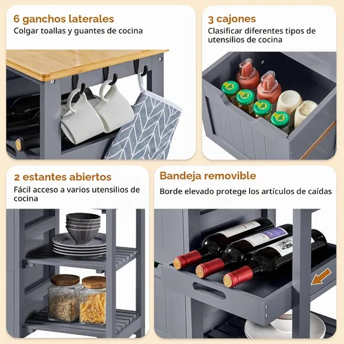 Vista 5 de Yaheetech Carrito de Isla de Cocina con Ruedas, Carrito de Almacenamiento Rodante con Encimera de Bambú, 3 Cajones, 3 Estantes Extraíbles y Ruedas