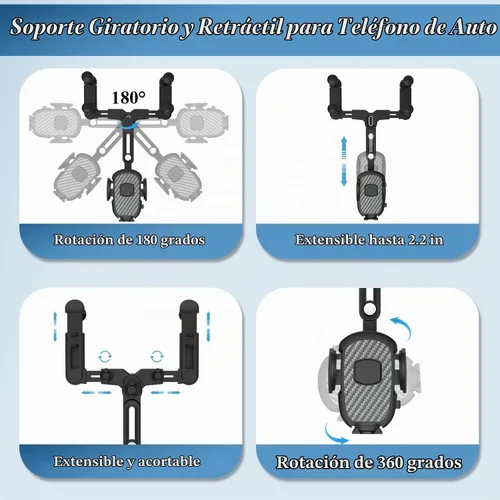 Vista 3 de Soporte de teléfono de coche para espejo retrovisor, giratorio 360° y retráctil, se adapta a teléfonos inteligentes de 4.0 a 7.0 pulgadas, espejo