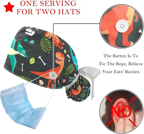 Vista 3 de DEYYA 2 gorras Bouffant con bolsa de cola de caballo de algodón, gorro de trabajo ajustable, gorra quirúrgica de dinosaurio, camuflaje verde
