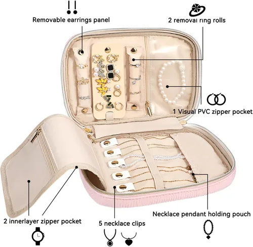Vista 2 de Voova Estuche organizador de joyas de viaje, bolsa grande de almacenamiento de joyas para mujeres y niñas, bolsa portátil para collares, anillos