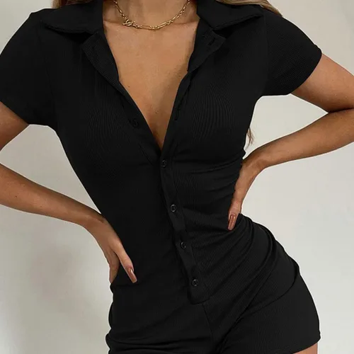 Vista 4 de MOCIBO Enterizo de manga corta para mujer, sexy, con cuello de punto acanalado, con botones frontales