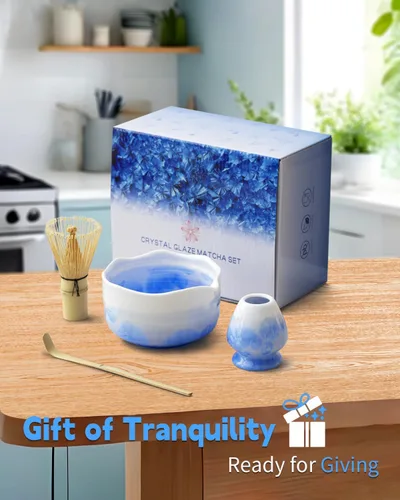 Vista 6 de Juego de Matcha de Cristal Natural con Flores - 4 Piezas Kit de Matcha de Grado Alimentario con Tazón con Pico, Batidor de Matcha, Cucharón
