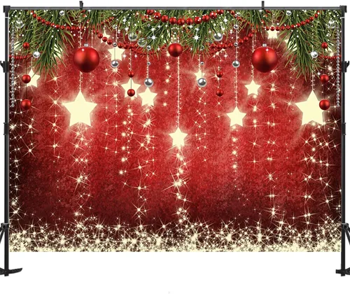 Vista 4 de Telón de fondo rojo de Navidad de 7x5 pies con estrellas brillantes para fotos, telón de fondo de Navidad con estrellas brillantes para decoraciones