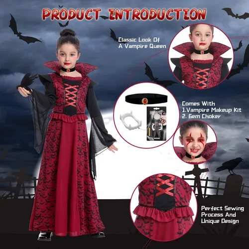 Vista 4 de Fooecor Disfraz de vampiro de Halloween para niñas, vestido de vampiro real para niños, conjunto de lujo con kit de maquillaje