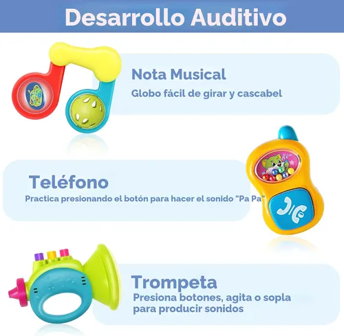Vista 3 de iPlay, iLearn Juego de 10 sonajeros para bebés, juguetes, sonajero fácil de agarrar y sacudir, mordedor sensorial, juguete musical de aprendizaje