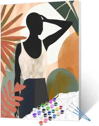 Vista 18 de Pintura de niña afro a la moda, kits de pintura por números, 16 x 20 pulgadas, lienzo de hojas tropicales, pintura al óleo para niños y adultos