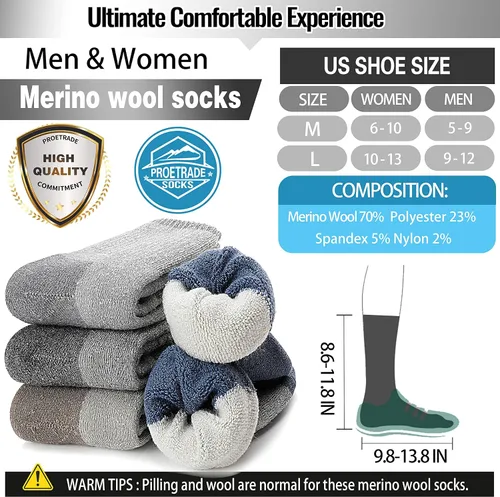 Vista 5 de ProEtrade 4 Pairs Merino Wool Hiking Socks Thermal Warm Winter Cushion Moisture Wicking Boot Socks for Men