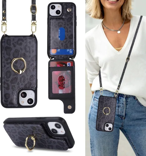 Vista 10 de Lipvina Funda tipo cartera cruzada para iPhone 12 Mini con correa, color negro