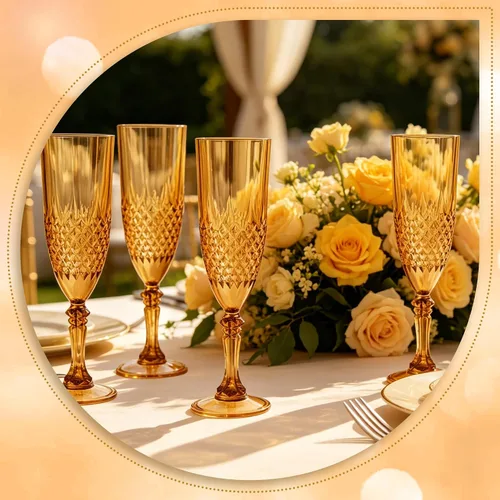 Vista 6 de Copas de champán de plástico, copas de champán a granel, copas de vino acrílicas reutilizables irrompibles para bodas, despedidas de soltero, Ámbar