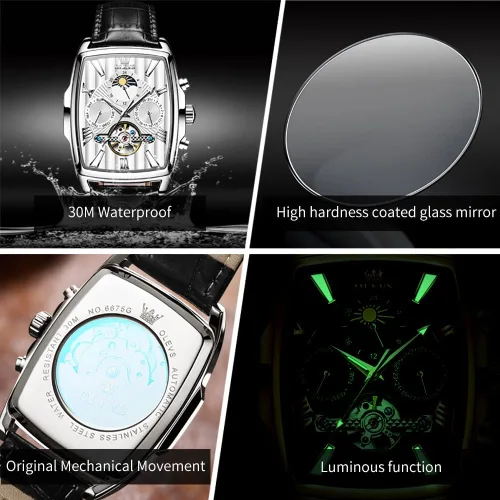 Vista 6 de OLEVS Relojes automáticos para hombre, diseño de esqueleto, retro, rectangular, para negocios, de cuero, fase lunar, luminoso, impermeable