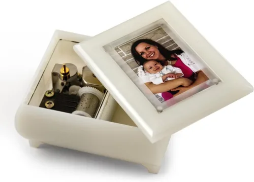 Vista 2 de Hermosa caja de joyería con marco de fotos de 3 x 2 pulgadas, color blanco perla con nuevo sistema de lentes emergentes para regalo de boda, muchas