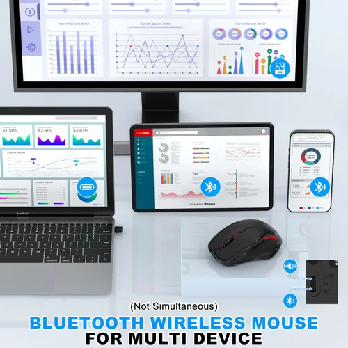 Vista 2 de Ratón inalámbrico Bluetooth para MacBook, laptop, iPad Air/Pro, mouse óptico silencioso recargable con Jiggler, modo dual Bluetooth 5.2/3.0 y 2.4G