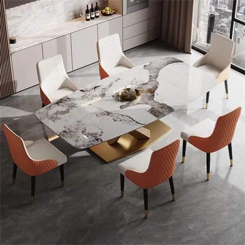 Vista 9 de LAKIQ Mesa de comedor rectangular moderna con pedestal de piedra sinterizada, mesa de pizarra con pedestal para comedor, sala de estar, solo mesa