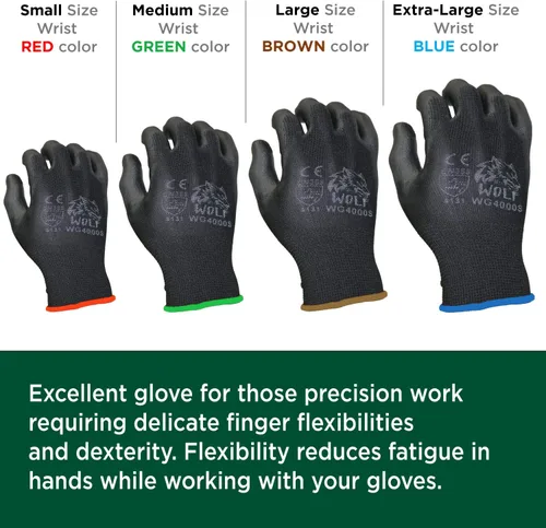 Vista 6 de WOLF Guantes de trabajo con palma recubierta de poliuretano y carcasa de nylon, para construcción, mecánica, almacén, trabajo de jardinería, trabajo