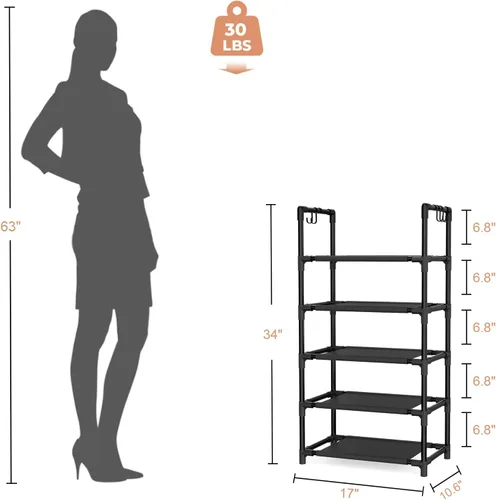 Vista 3 de LANTEFUL - Organizador de zapatos de 5 niveles, 12-15 pares, organizador de botas, estante resistente y estrecho para entrada, armarios con ganchos