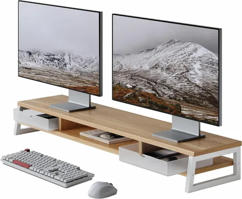 Vista 9 de Fenge Soporte de monitor doble, elevador de monitor con cajón, soporte de monitor de computadora grande de 42.5 pulgadas para 2 monitores, estante