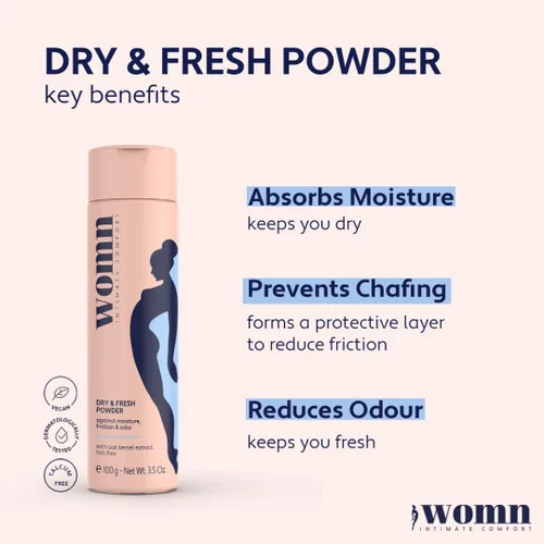 Vista 2 de womn Intimate Comfort Dry & Fresh Powder - Polvo corporal sin talco para pieles sensibles. Protección natural contra la humedad y las rozaduras
