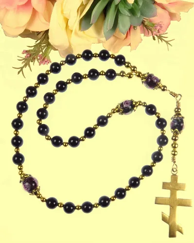 Vista 2 de Handmade Rosary Eastern Orthodox Greek Chotki Black Shell Pearls and Gold Tone Orthodox Cross