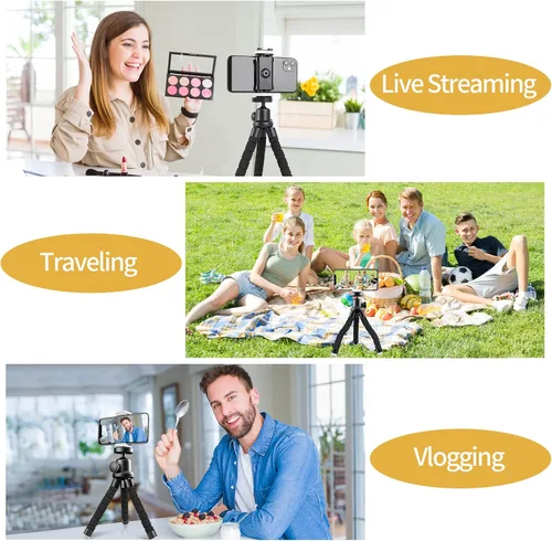 Vista 2 de Trípode de teléfono para iPhone, mini soporte flexible con control remoto para grabación Trípode compacto y flexible con control remoto, ideal
