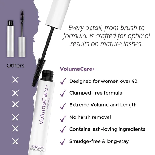 Vista 6 de Rumi Cosmetiques VolumeCare+ Máscara de pestañas para mujeres maduras, fórmula 2 en 1 de longitud y volumen extremos, sin grumos ni descamaciones