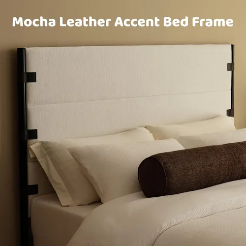 Vista 4 de Recci Base de cama tapizada de tamaño matrimonial con cabecero alto con Chenille beige