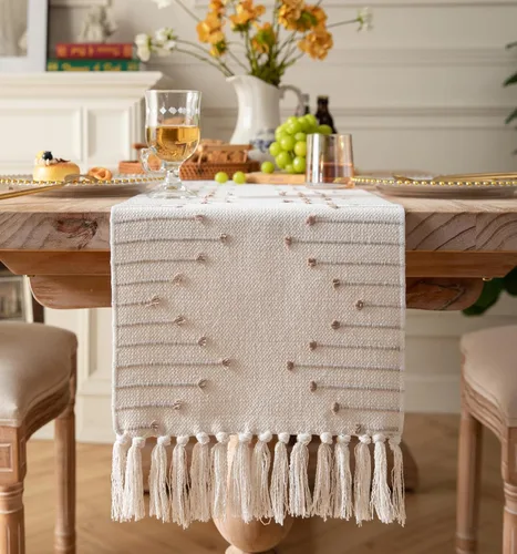 Vista 13 de Camino de mesa bohemio de 13 x 48 pulgadas de largo, tejido de algodón natural con borlas para decoración de mesa de comedor del hogar