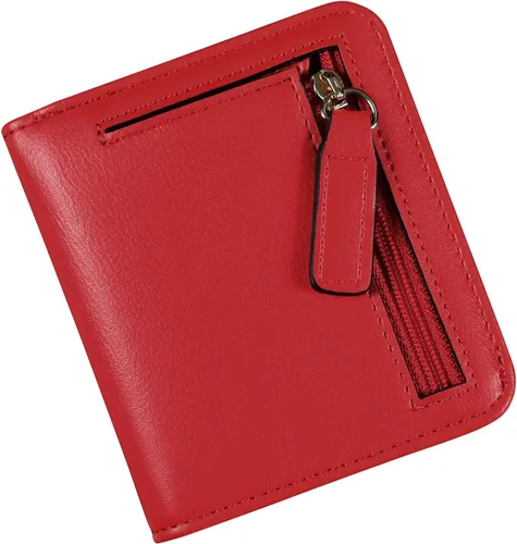 Vista 9 de Cartera pequeña para mujer, con bloqueo RFID, de cuero, plegable, compacta, tarjetero para mujer, con cremallera, bolsillo para monedas, ventana