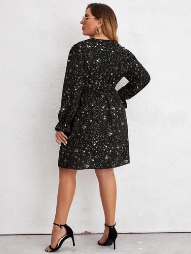 Vista 5 de Mycrushcity Womens Plus Size V Neck Flounce Long Sleeve Gold Galaxy Print Mini Dress