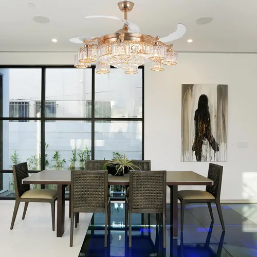 Vista 6 de Ventilador de techo de cristal de 42 pulgadas con luz y control remoto, ventilador de techo de lujo de oro rosa con aspas retráctiles, ventilador