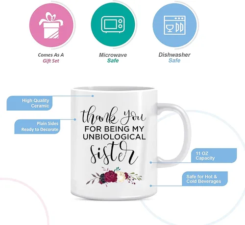 Vista 3 de BLUE RIBBON Taza del Día de las Hermanas, con texto en inglés "Thank You FOR BEING MY UNBIOLOGICAL Sister", divertida taza de café en caja de regalo