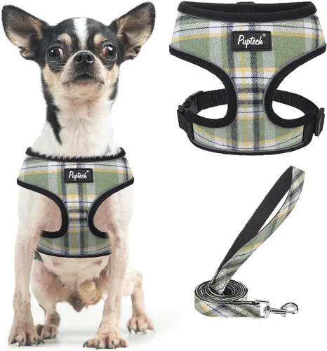 Vista 64 de PUPTECK Juego de arnés y correa de malla suave para perro, cachorro y gato, cómodo chaleco acolchado sin tirones, azul Pascua, S