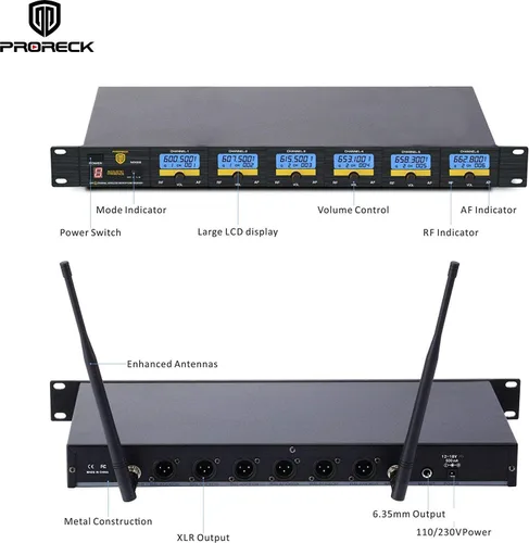 Vista 3 de PRORECK MX66 Sistema de Micrófono Inalámbrico UHF de 6 Canales con 6 Micrófonos de Mano, Máquina de Karaoke