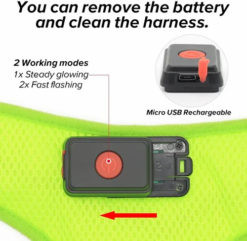 Vista 5 de Flashseen Arnés LED para perro, arnés para mascotas recargable por USB, chaleco reflectante iluminado, ajustable, suave, acolchado, sin tirones