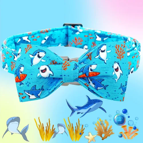 Vista 3 de Collar para perro, con estampado de tiburón, collar para cachorro, collar para mascotas, collar de lazo para perros, suave, duradero, ajustable