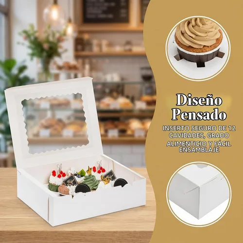 Vista 4 de Jucoan Paquete de 20 cajas para cupcakes, 12 unidades, recipientes de papel blanco para cupcakes con insertos y ventana, contenedor de panadería