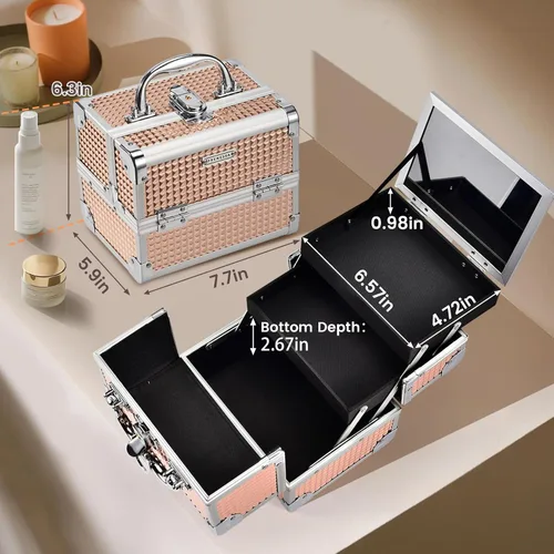 Vista 4 de FRENESSA Estuche de Maquillaje Tipo Maleta, Caja de Maquillaje Portátil con Espejo, Caja con Cerradura, Estuches de Maquillaje de Viaje Tipo Maleta
