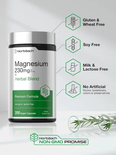 Vista 5 de Horbaach Magnesio 230mg Mezcla de hierbas Plus 200 cápsulas veganas Limpieza suave Suplemento sin OMG y sin gluten