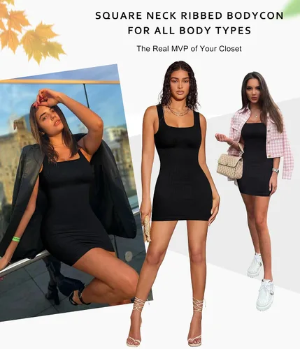 Vista 5 de Vestidos ajustados negros para mujer, acanalados, sin mangas, cuello cuadrado, camisetas sin mangas, mini vestido básico para club